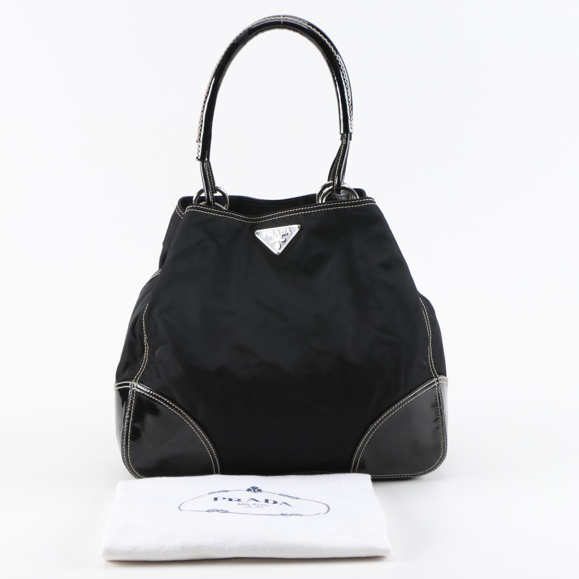 Prada Nero Tessuto Nylon and Patent Leather Shoulder Bag with Contrast Stitching
