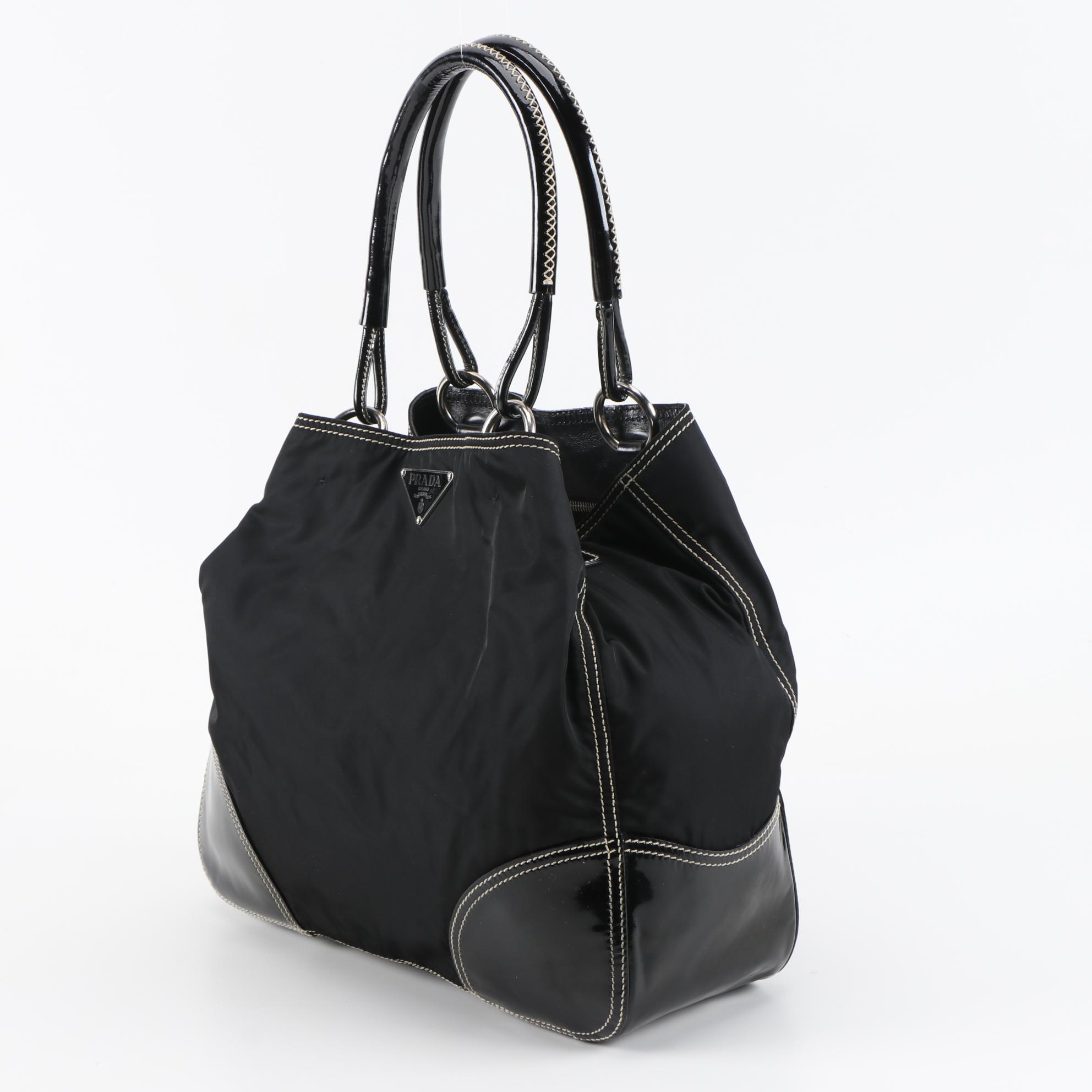 Prada Nero Tessuto Nylon and Patent Leather Shoulder Bag with Contrast Stitching