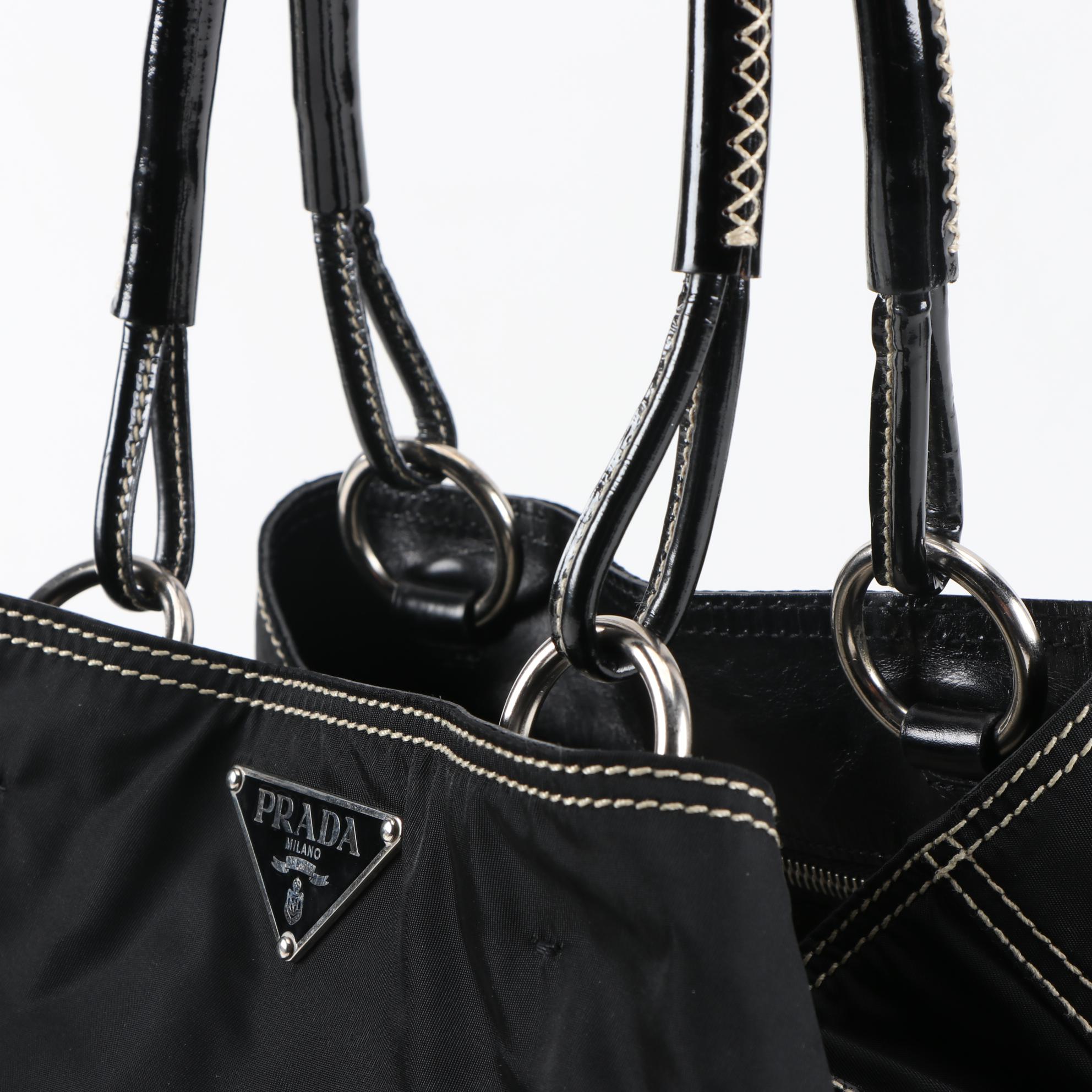 Prada Nero Tessuto Nylon and Patent Leather Shoulder Bag with Contrast Stitching
