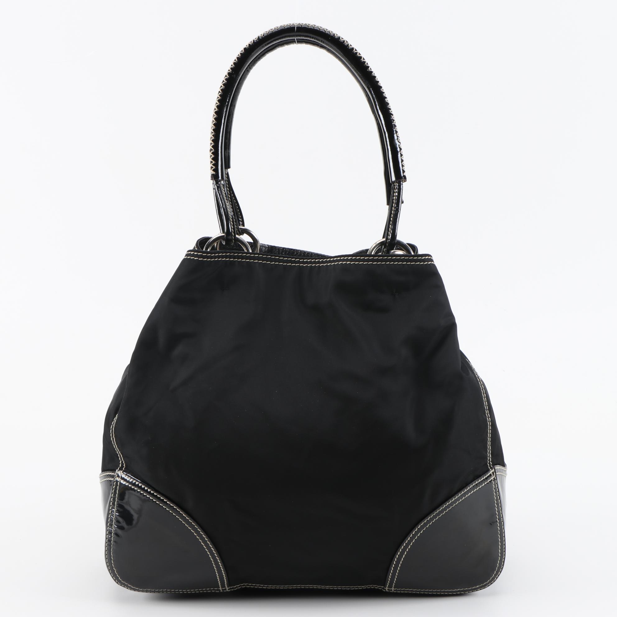 Prada Nero Tessuto Nylon and Patent Leather Shoulder Bag with Contrast Stitching