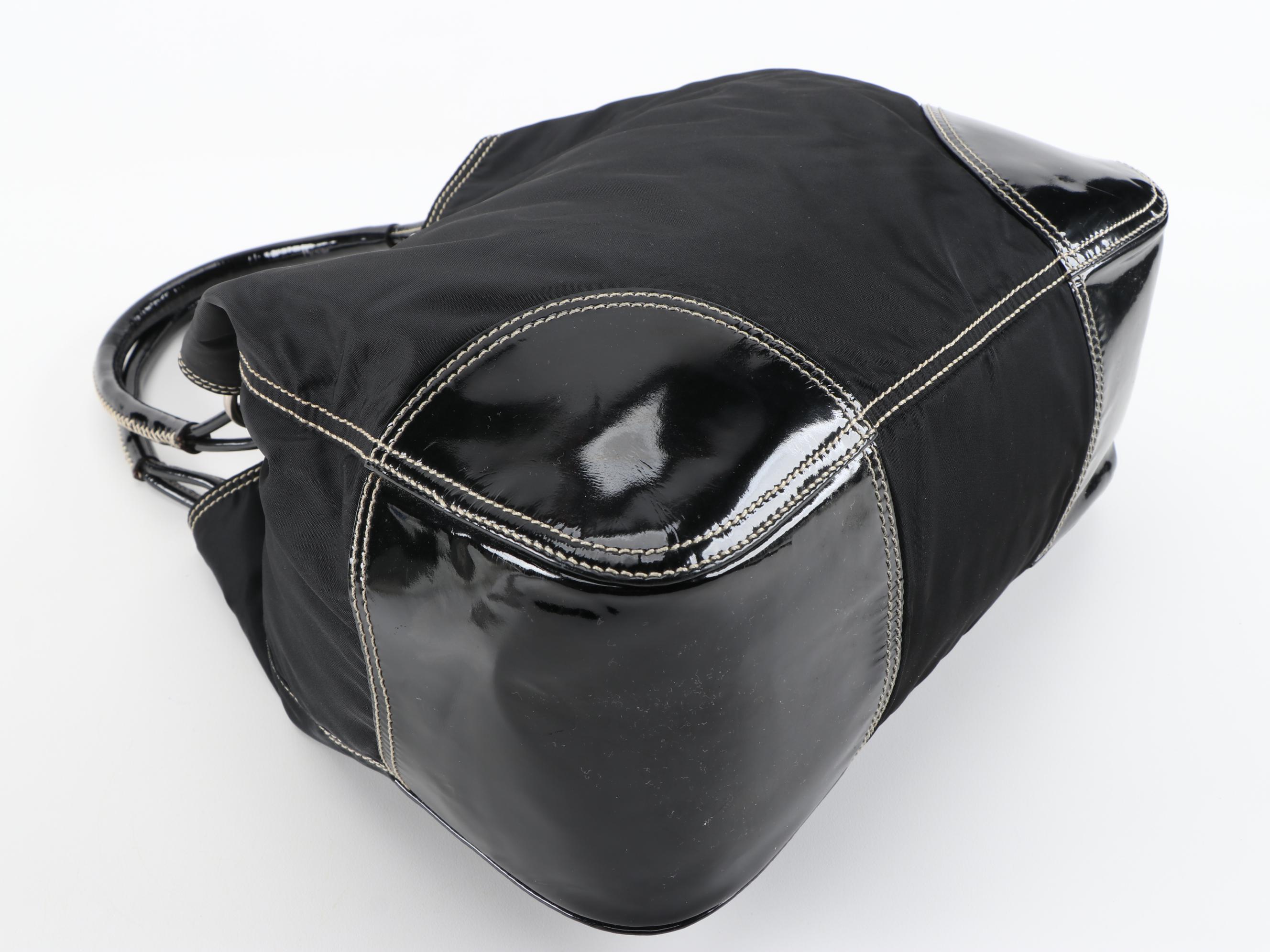 Prada Nero Tessuto Nylon and Patent Leather Shoulder Bag with Contrast Stitching