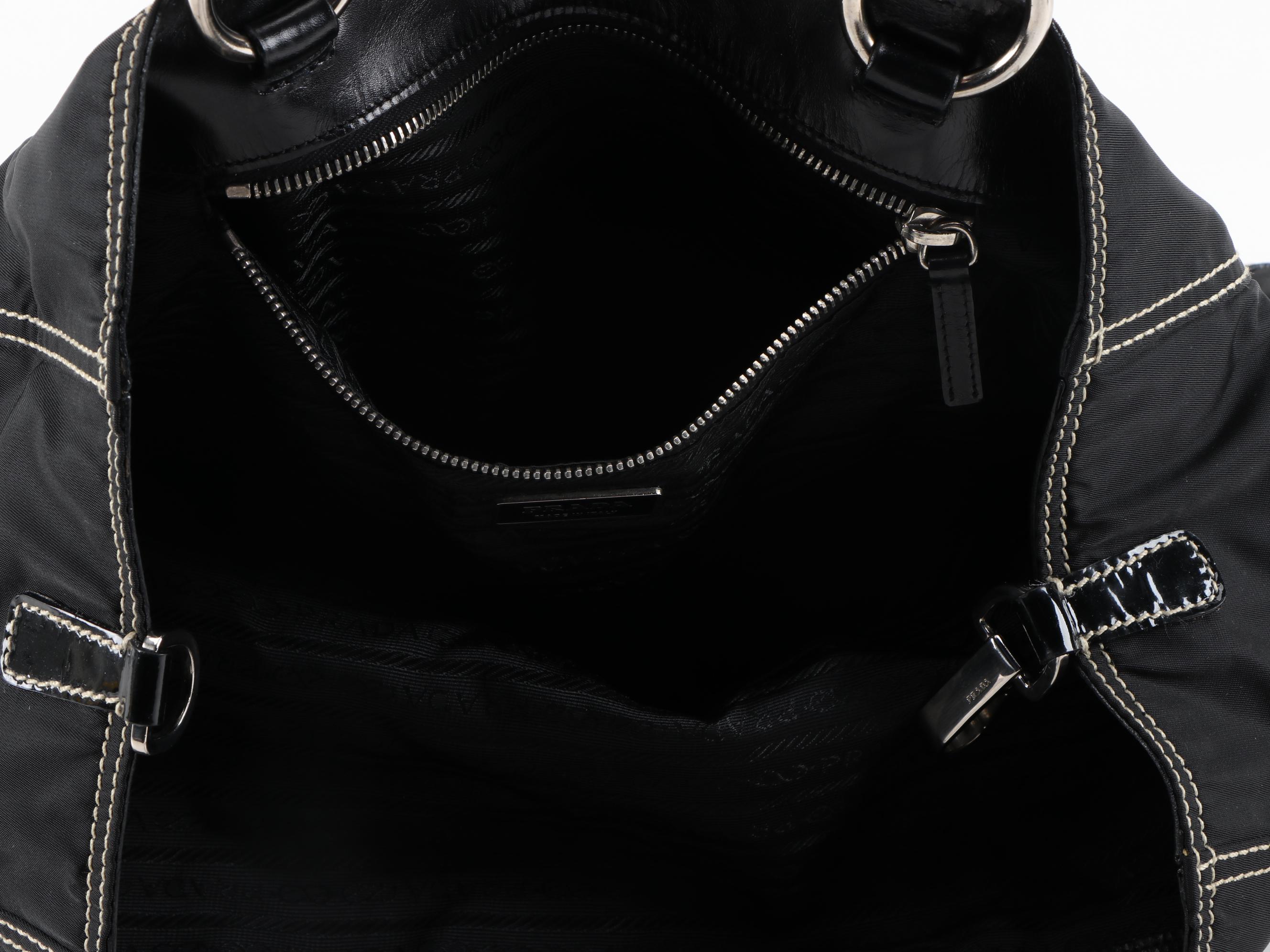 Prada Nero Tessuto Nylon and Patent Leather Shoulder Bag with Contrast Stitching