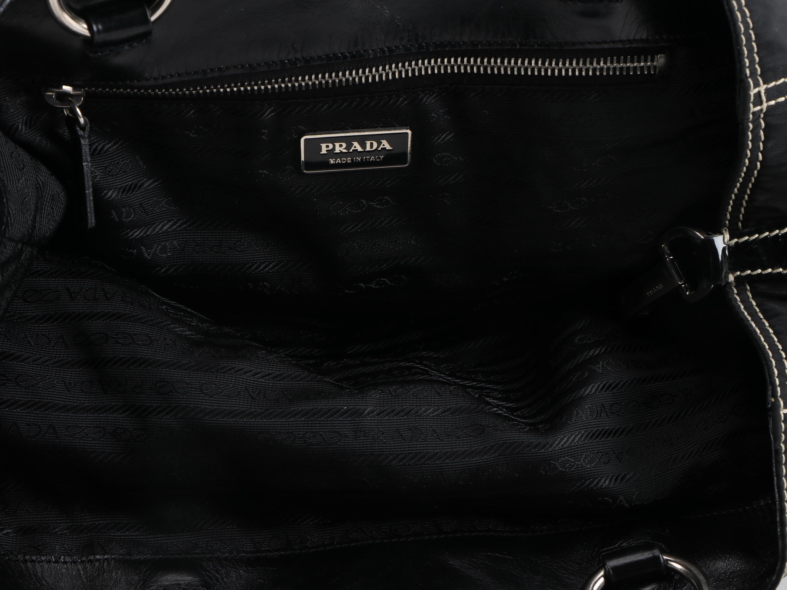 Prada Nero Tessuto Nylon and Patent Leather Shoulder Bag with Contrast Stitching