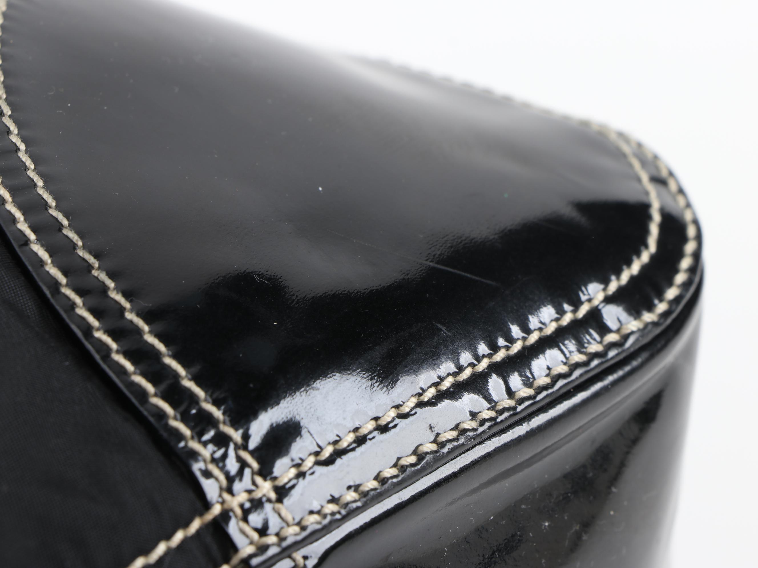 Prada Nero Tessuto Nylon and Patent Leather Shoulder Bag with Contrast Stitching