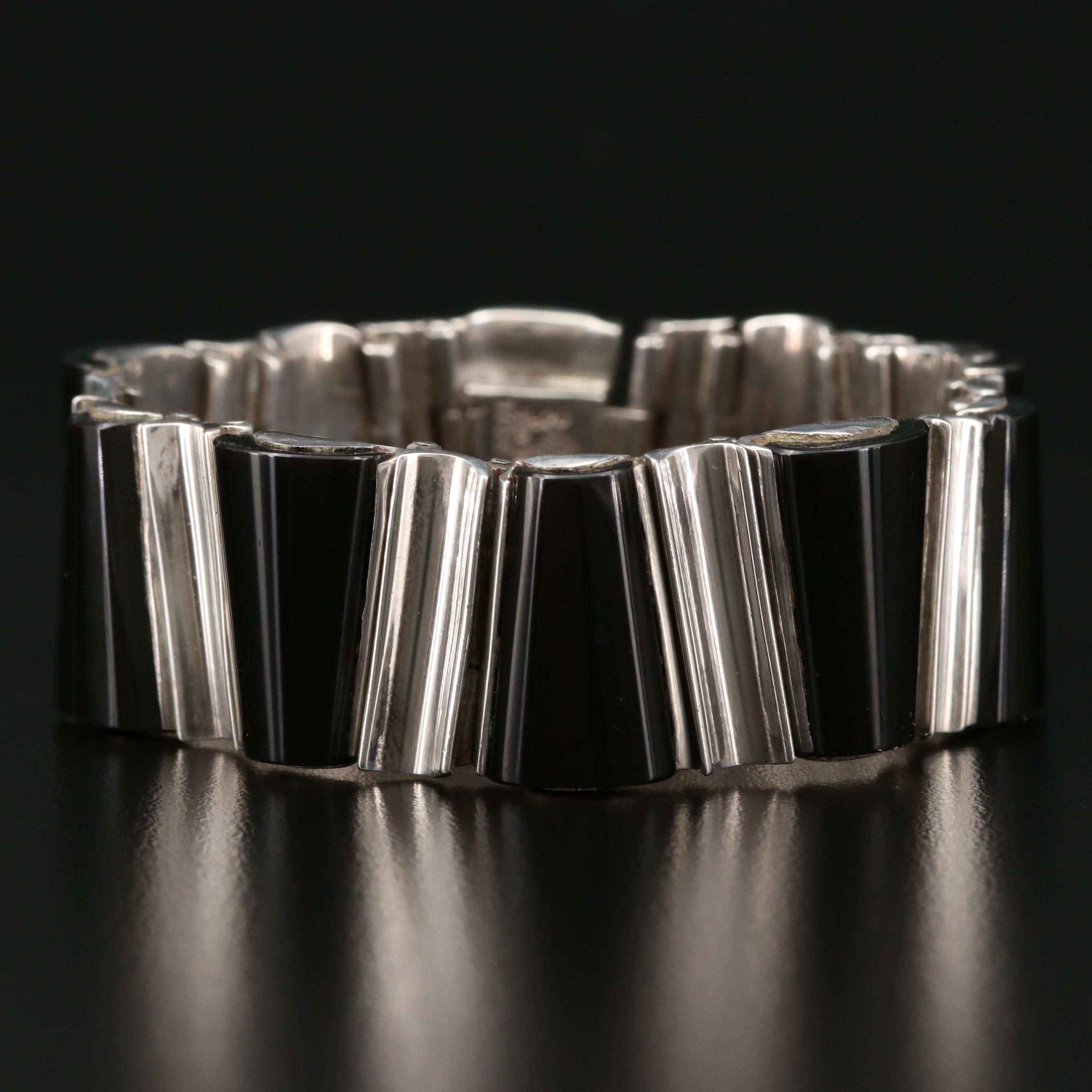 1950s - 1960s Modernist Antonio Pineda 970 Silver Obsidian Link Bracelet