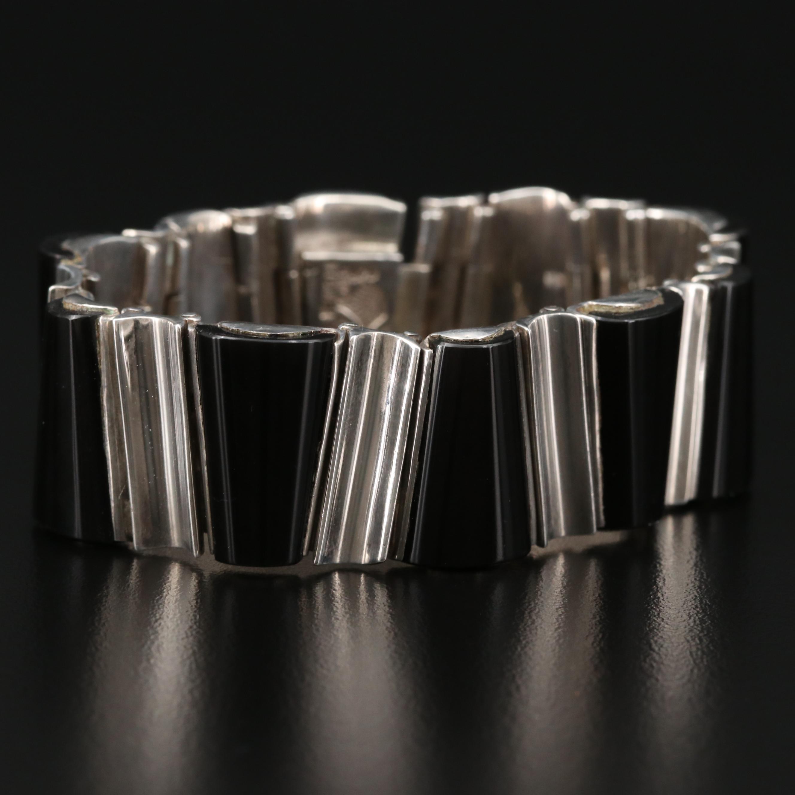 1950s - 1960s Modernist Antonio Pineda 970 Silver Obsidian Link Bracelet