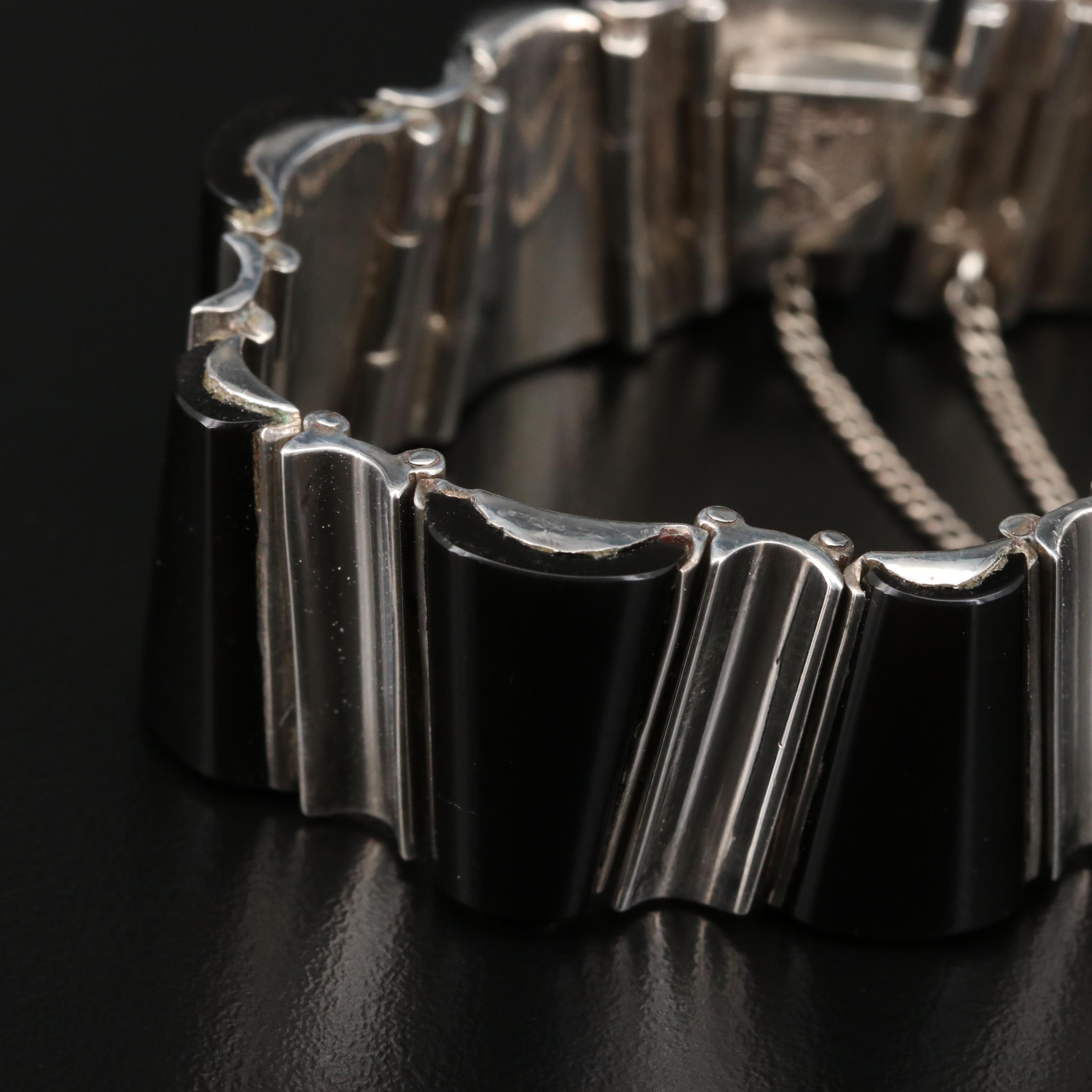1950s - 1960s Modernist Antonio Pineda 970 Silver Obsidian Link Bracelet