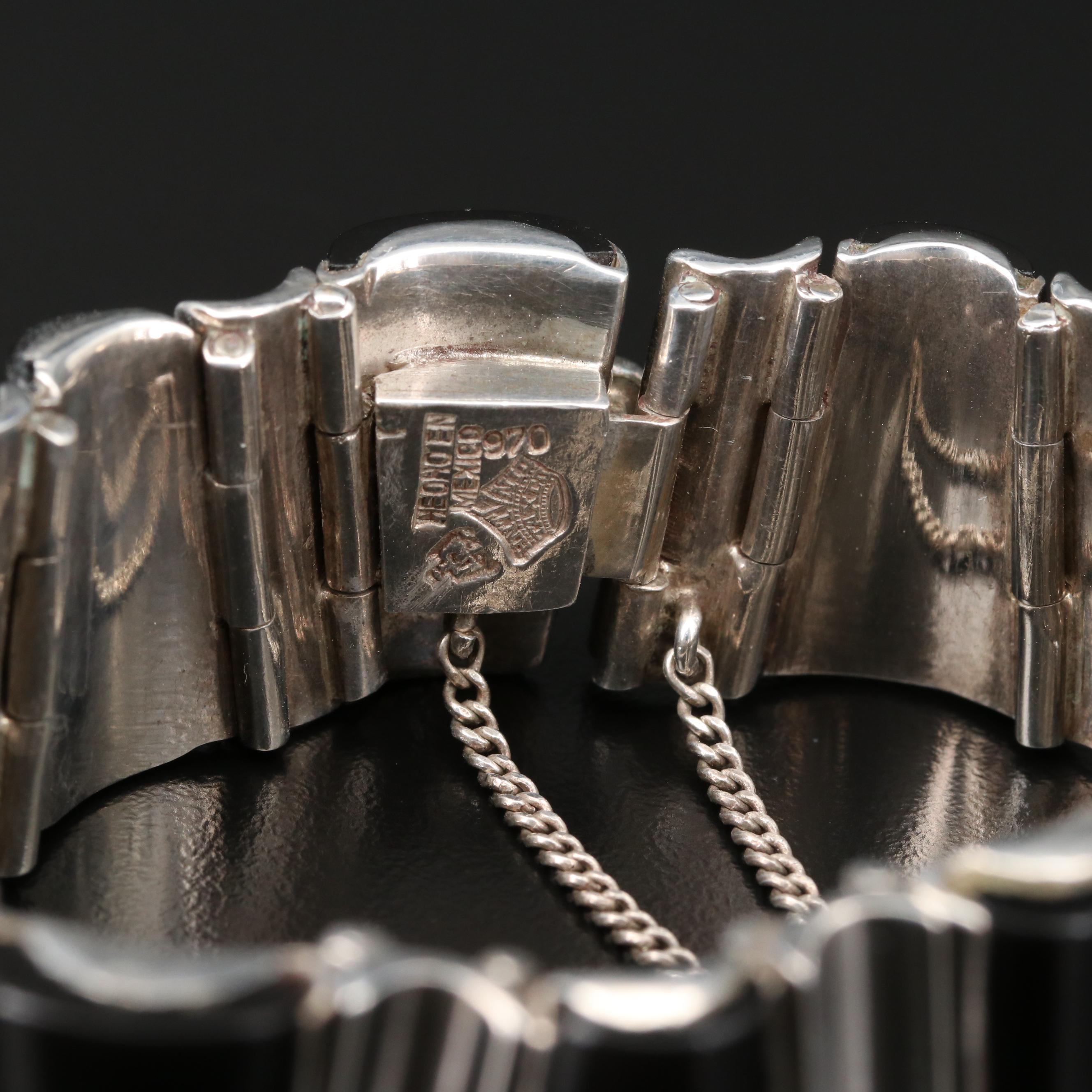 1950s - 1960s Modernist Antonio Pineda 970 Silver Obsidian Link Bracelet