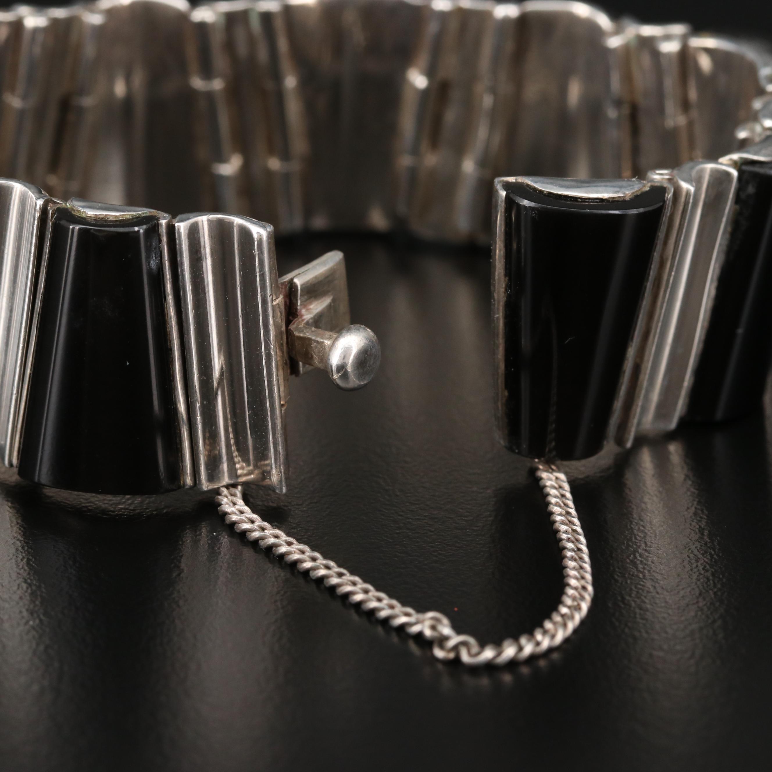 1950s - 1960s Modernist Antonio Pineda 970 Silver Obsidian Link Bracelet