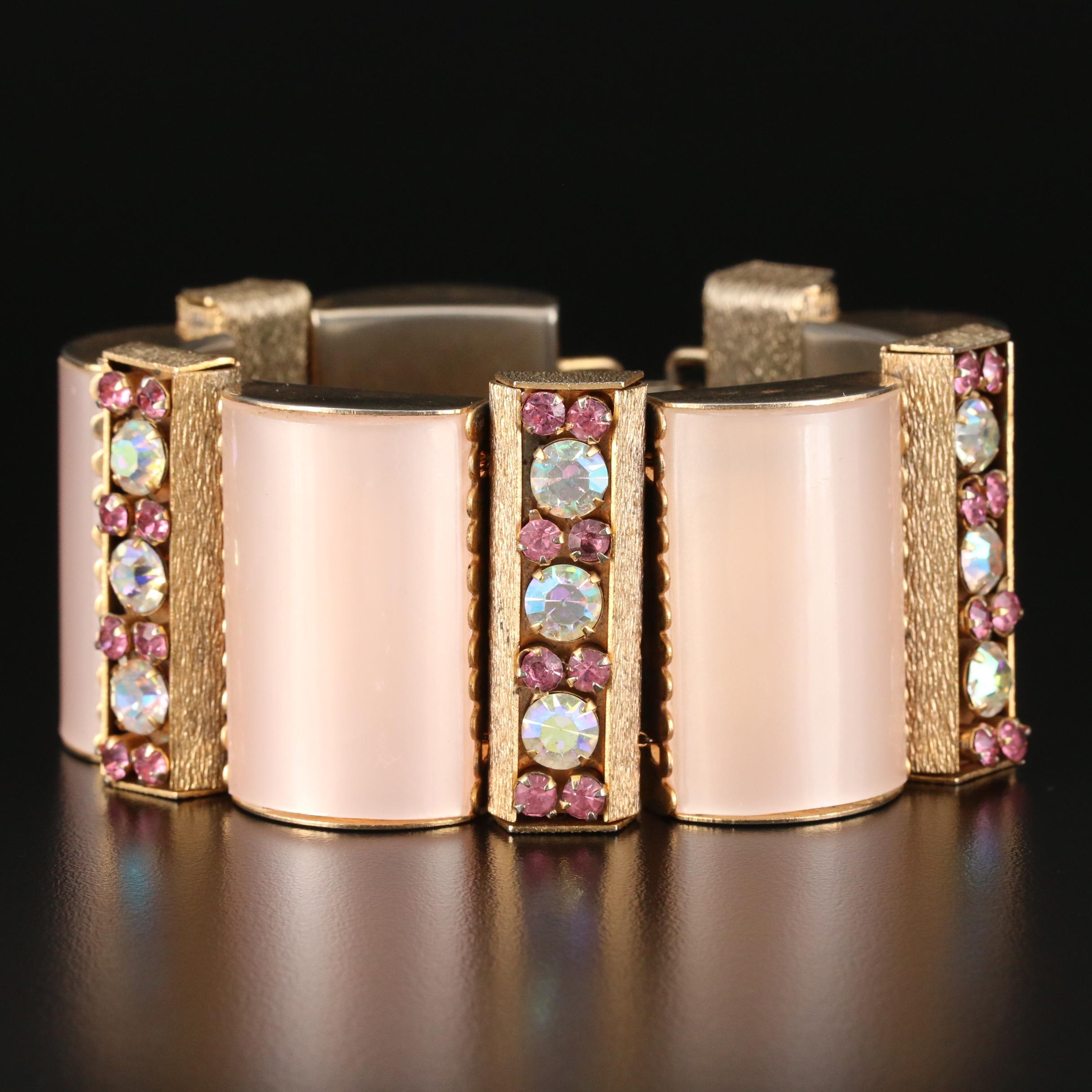 1950s Pink "Moonglow" and Rhinestone Bracelet