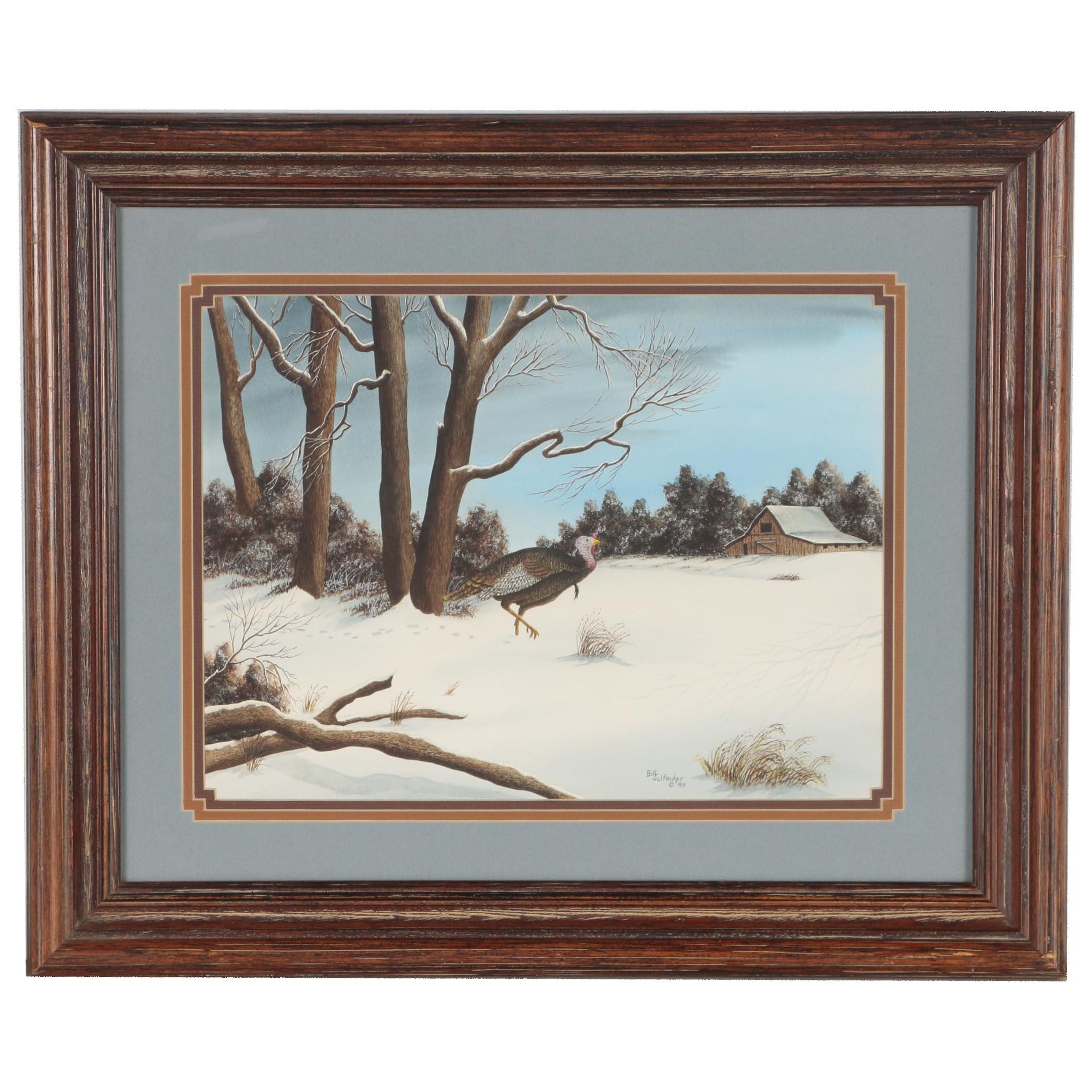 Bill Selfridge Winter Landscape Watercolor Painting with Turkey, 1984