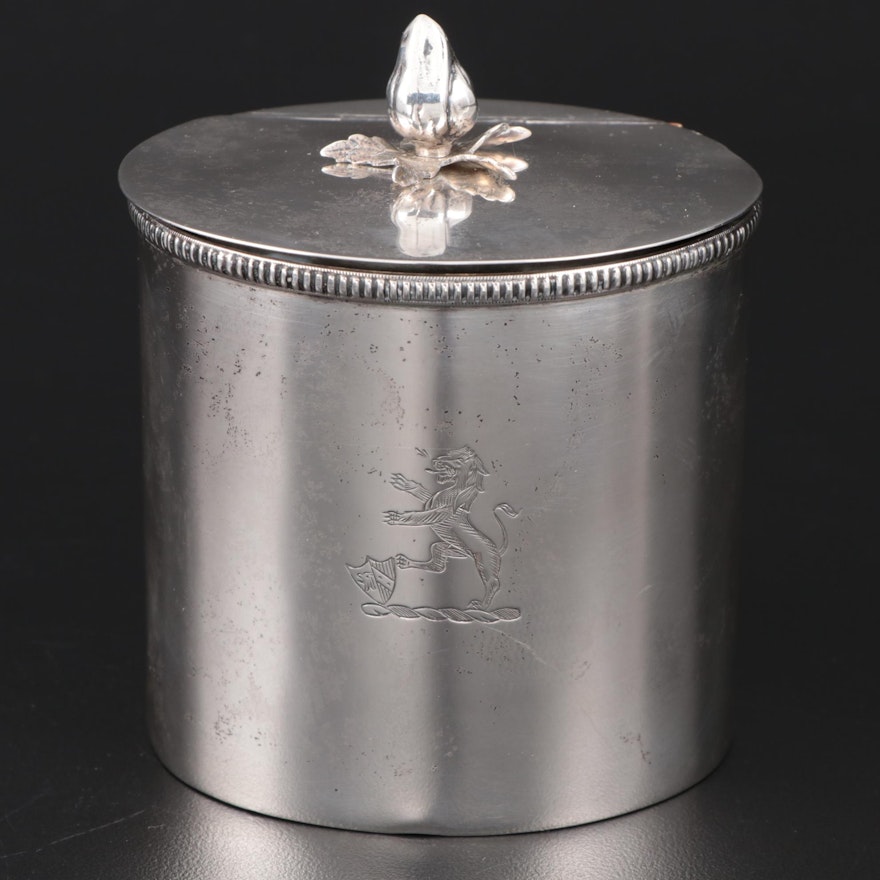 American Sterling Silver Tea Caddy with Heraldic Crest, Mid to Late 20th Century