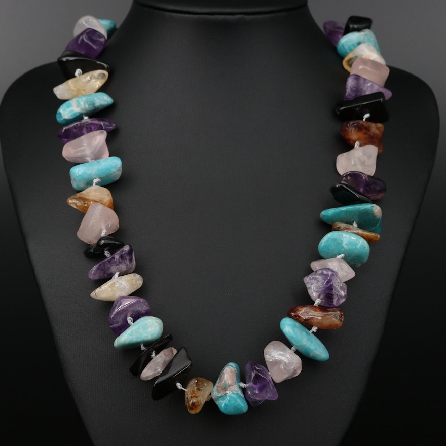 Hand Knotted Amazonite, Amethyst and Rose Quartz Beaded Necklace