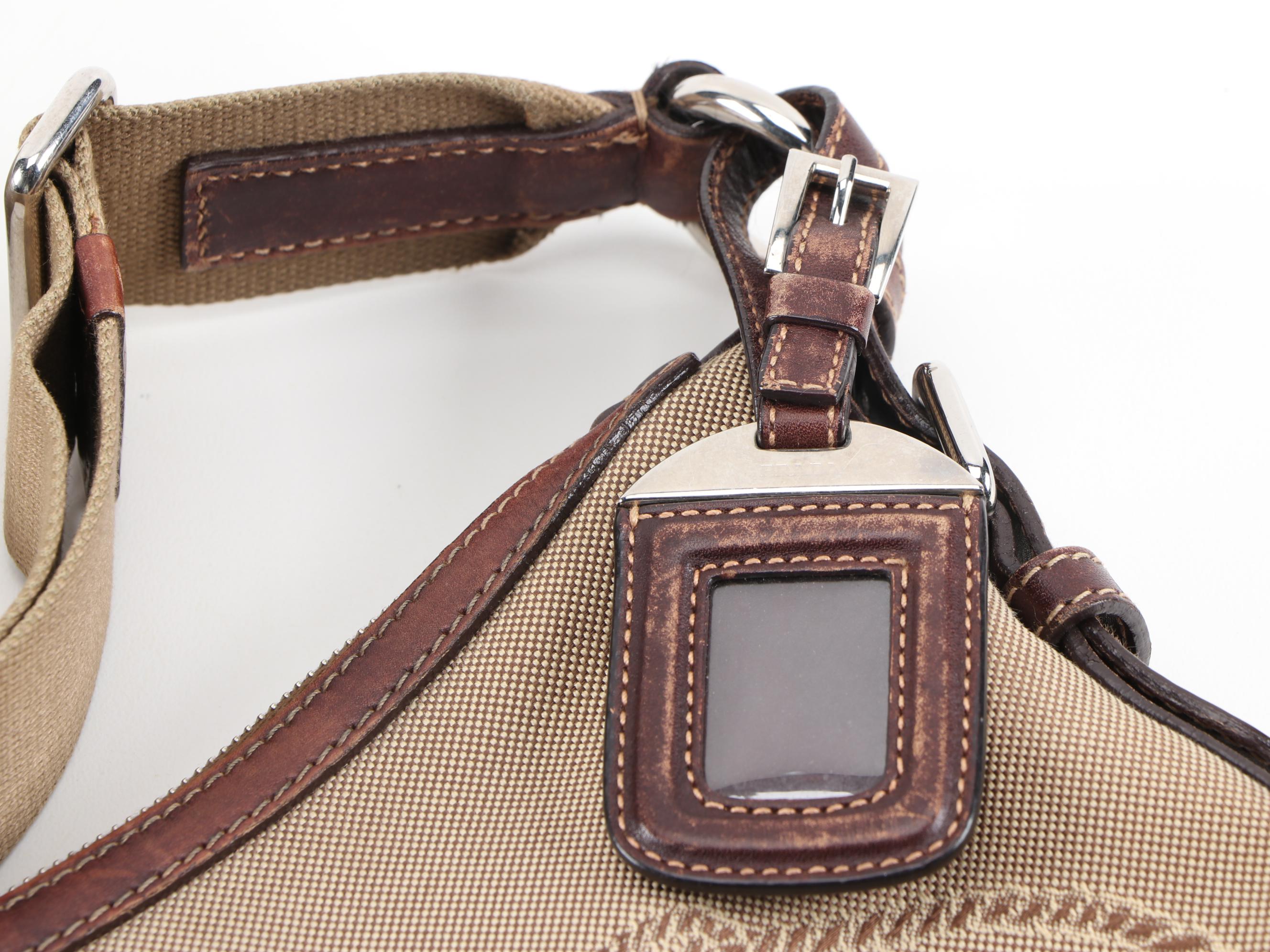 Prada Canapa Canvas Shoulder Bag with Mahogany Brown Leather Trim