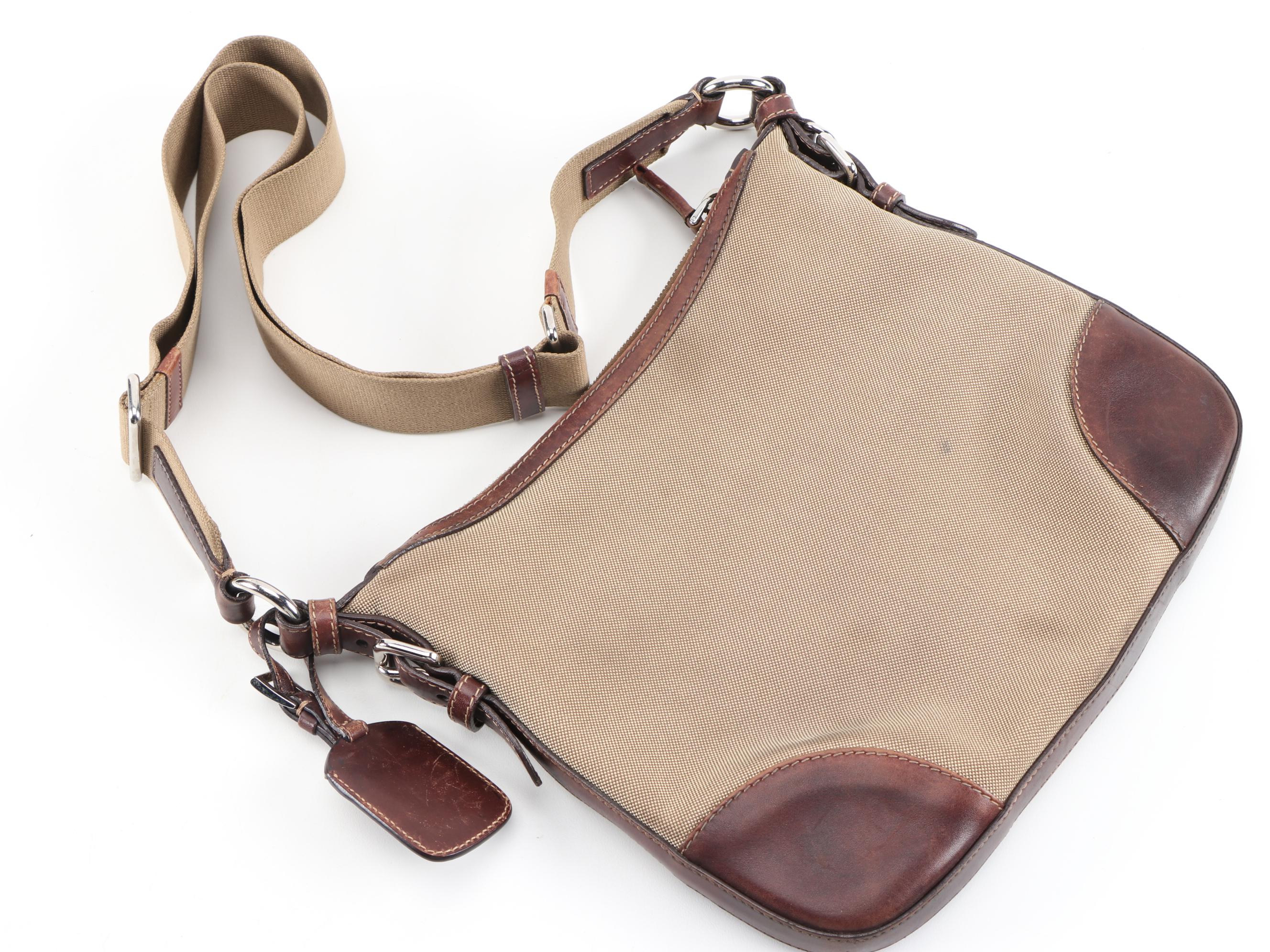 Prada Canapa Canvas Shoulder Bag with Mahogany Brown Leather Trim