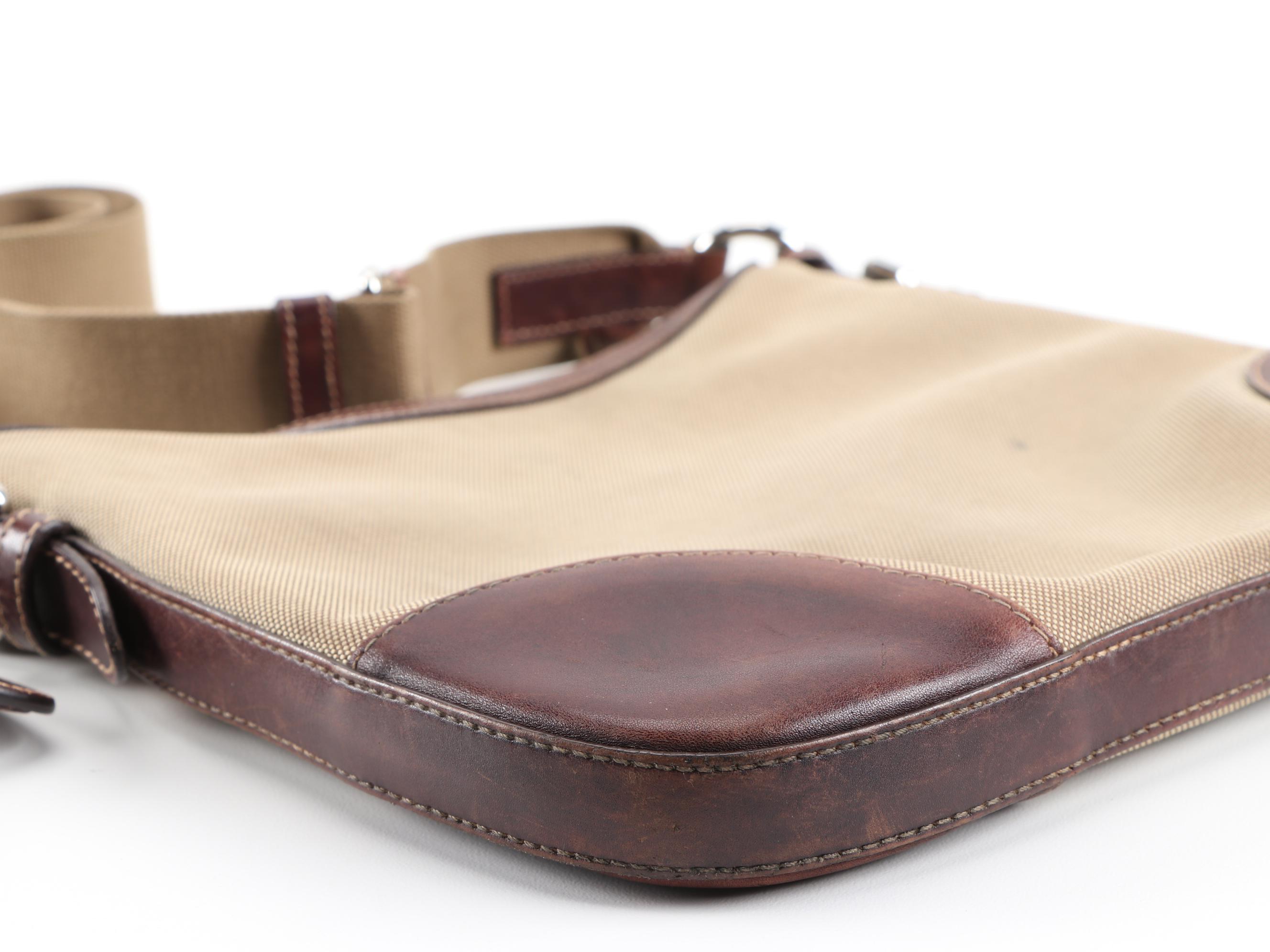 Prada Canapa Canvas Shoulder Bag with Mahogany Brown Leather Trim