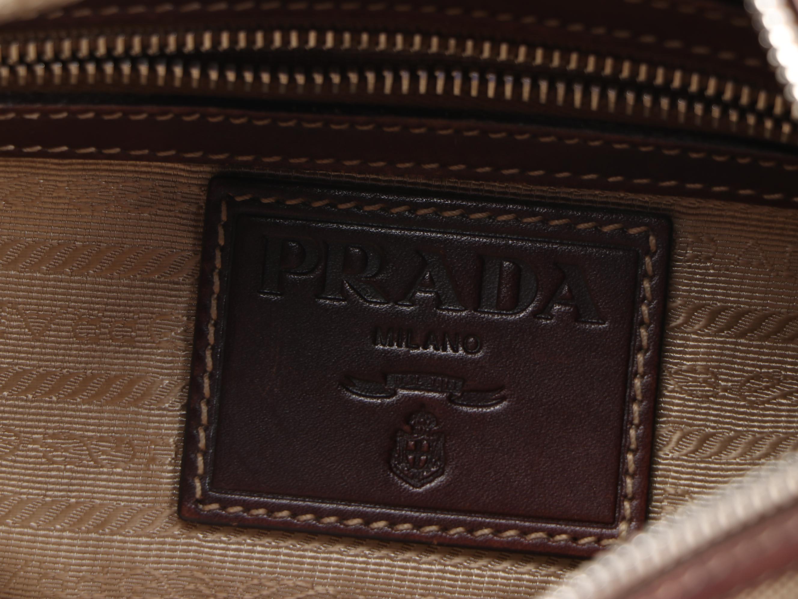 Prada Canapa Canvas Shoulder Bag with Mahogany Brown Leather Trim