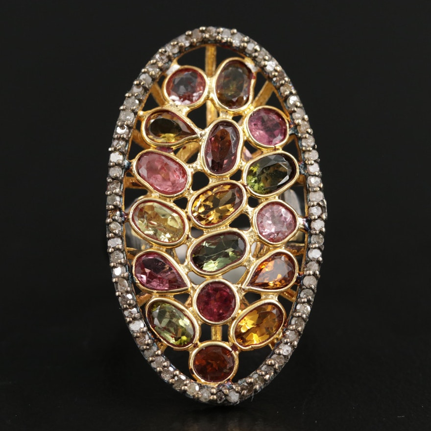 Sterling Openwork Ring with Tourmaline and Diamond