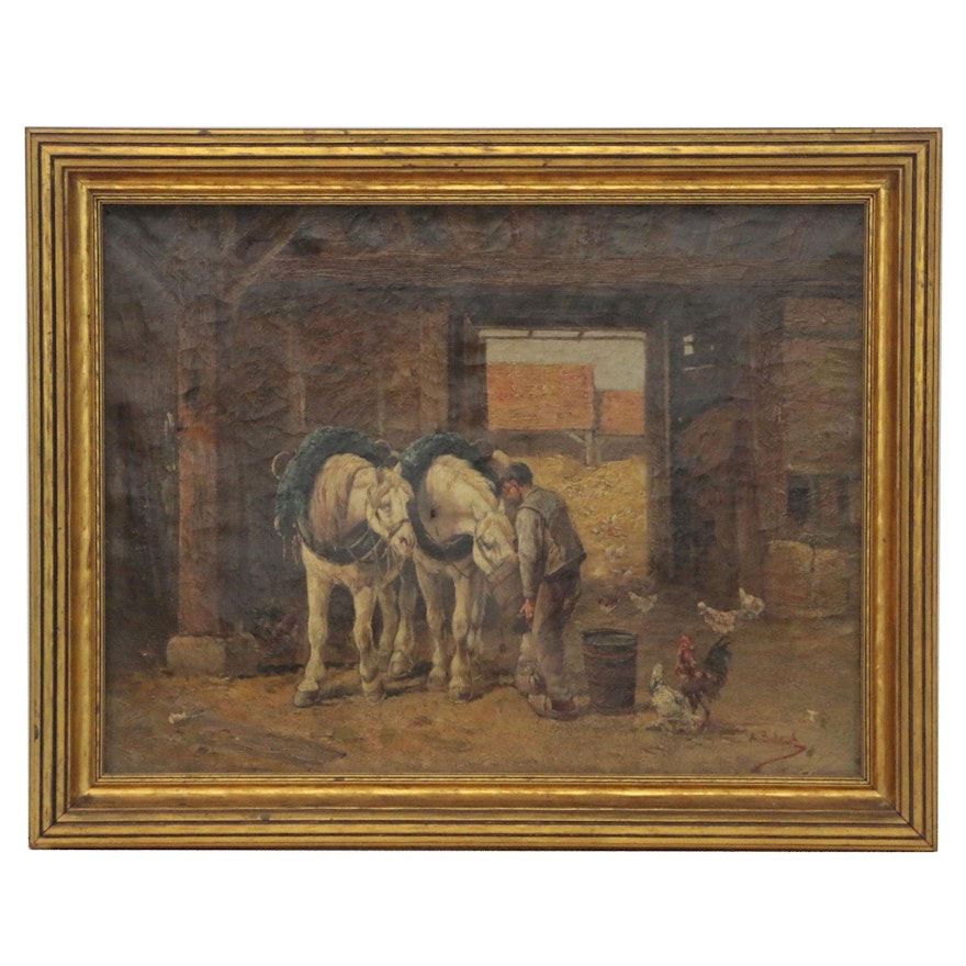 A. Bulguet Stable Scene Oil Painting, 19th Century