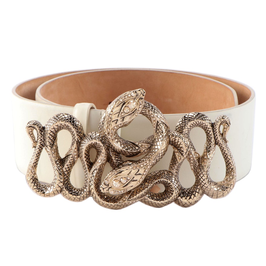 Roberto Cavalli Embellished Serpentine Buckle Off-White Leather Belt