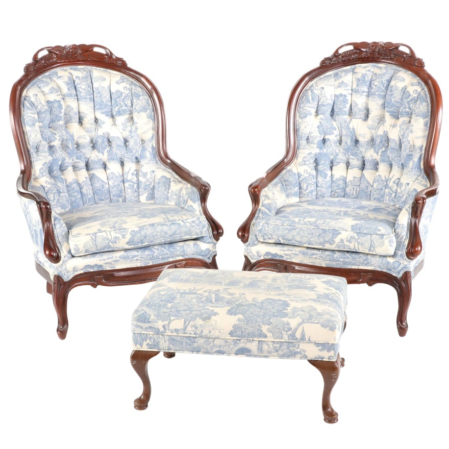 Pair of Victorian Style Mahogany and Toile-Upholstered Armchairs Plus Footstool