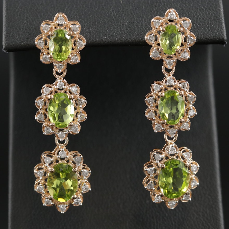 Sterling Silver Peridot and Diamond Drop Earrings