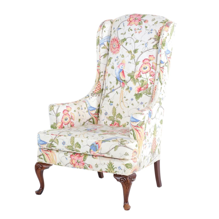 Queen Anne Style Floral-Upholstered Wingback Armchair