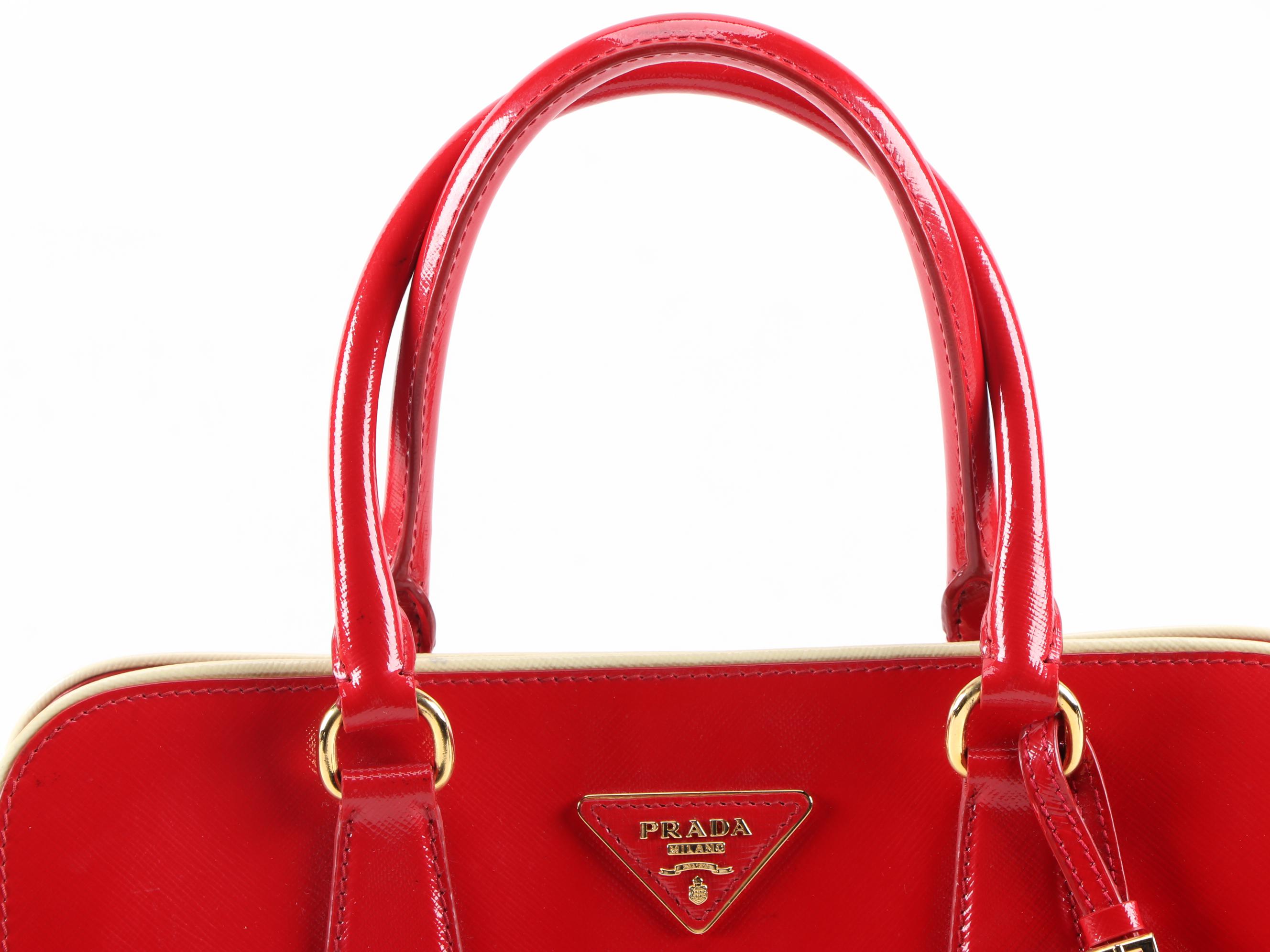 Prada Red Glazed Saffiano Leather Handbag with White Piping Trim