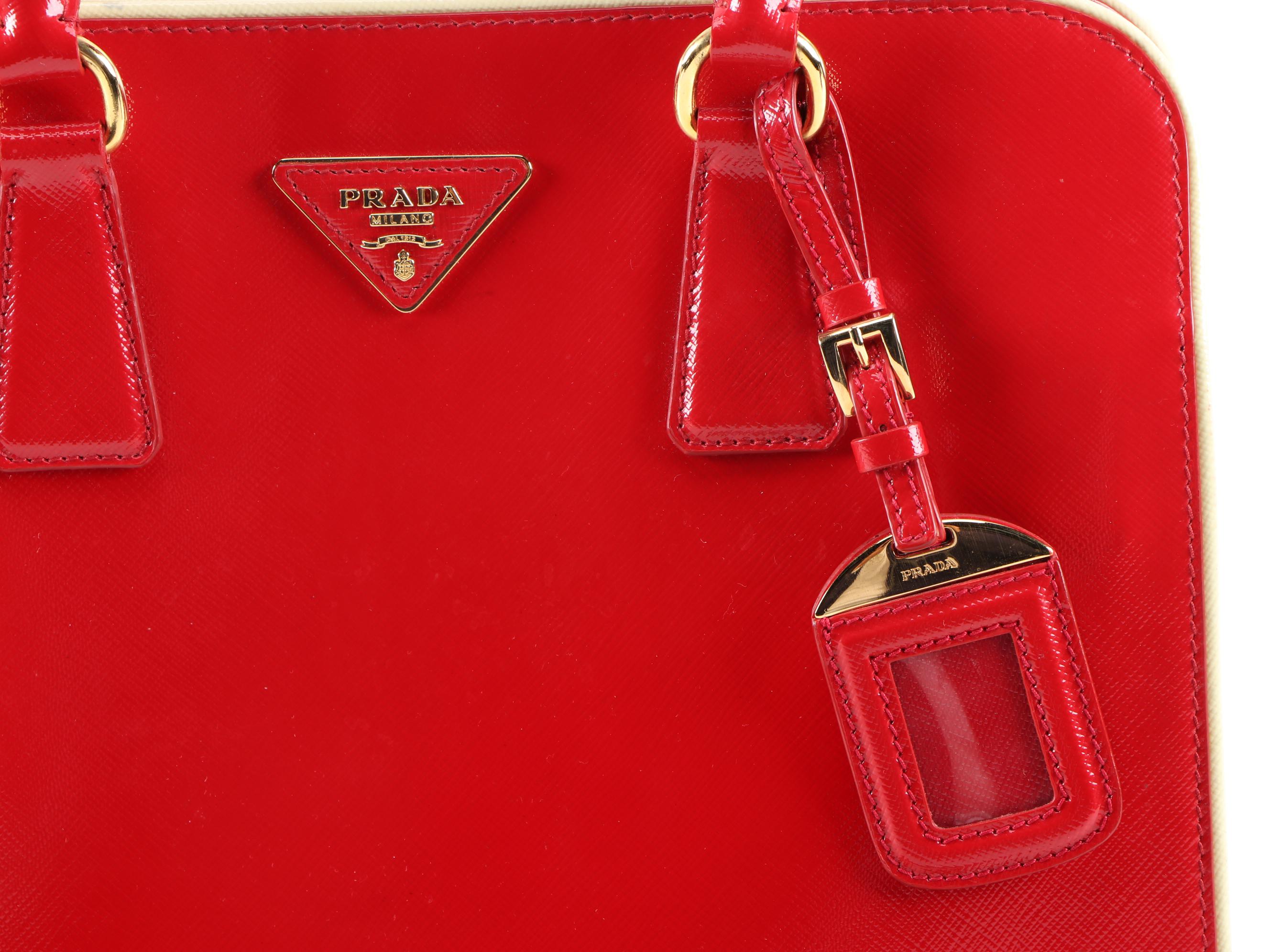 Prada Red Glazed Saffiano Leather Handbag with White Piping Trim