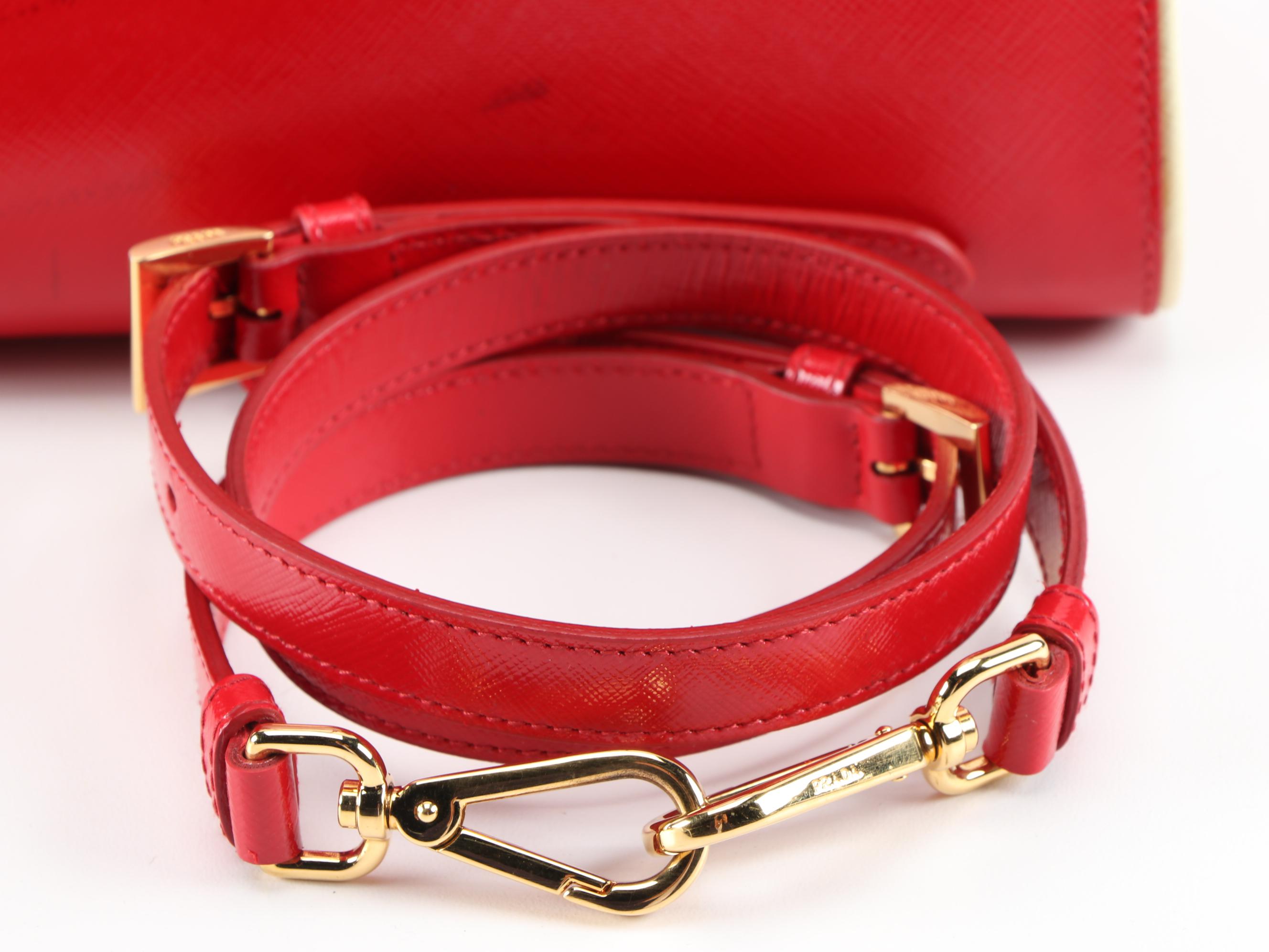 Prada Red Glazed Saffiano Leather Handbag with White Piping Trim