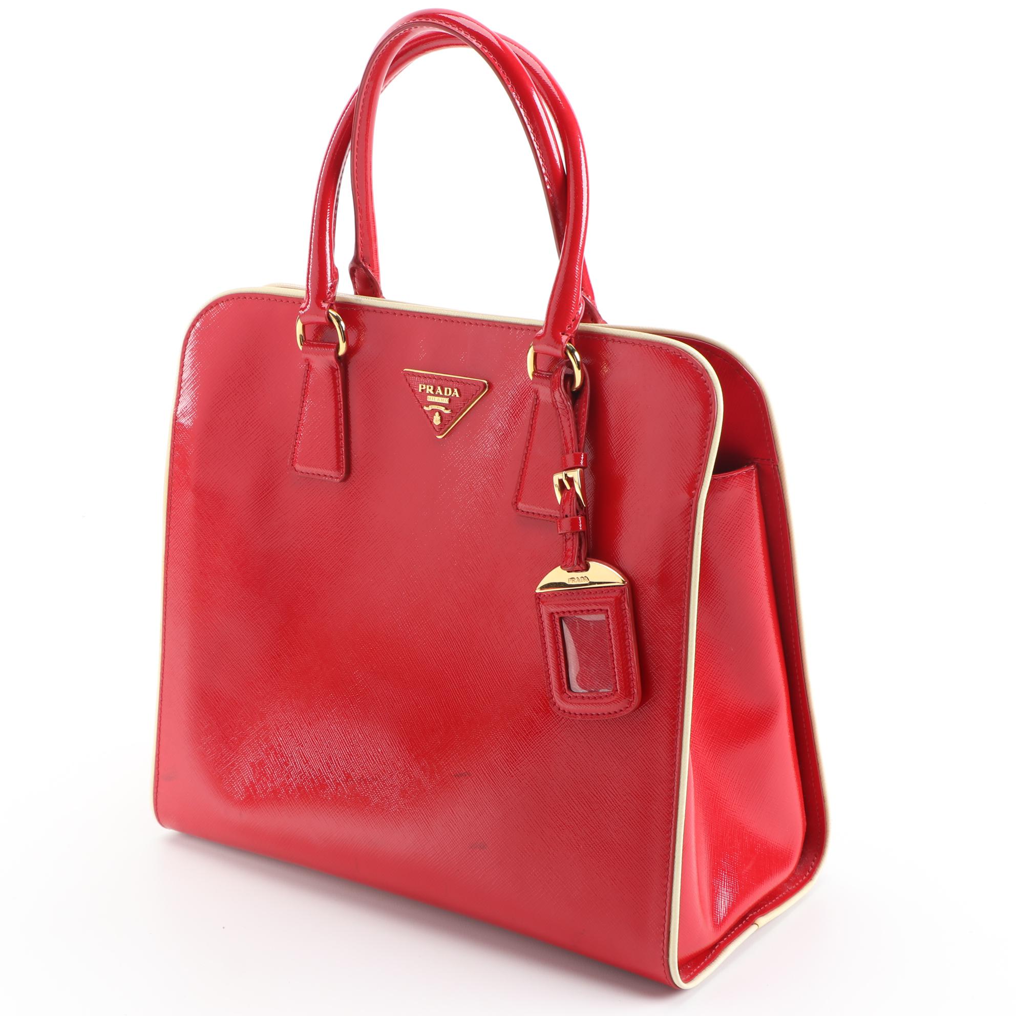 Prada Red Glazed Saffiano Leather Handbag with White Piping Trim