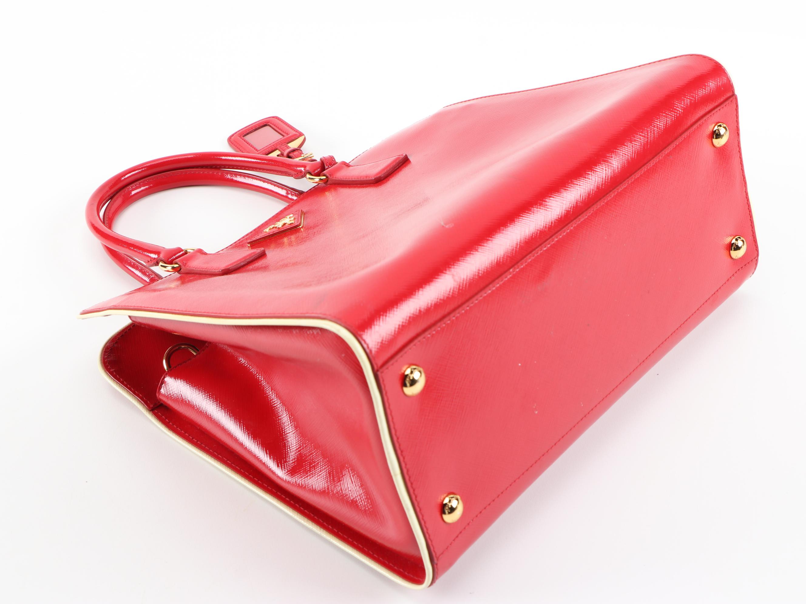 Prada Red Glazed Saffiano Leather Handbag with White Piping Trim