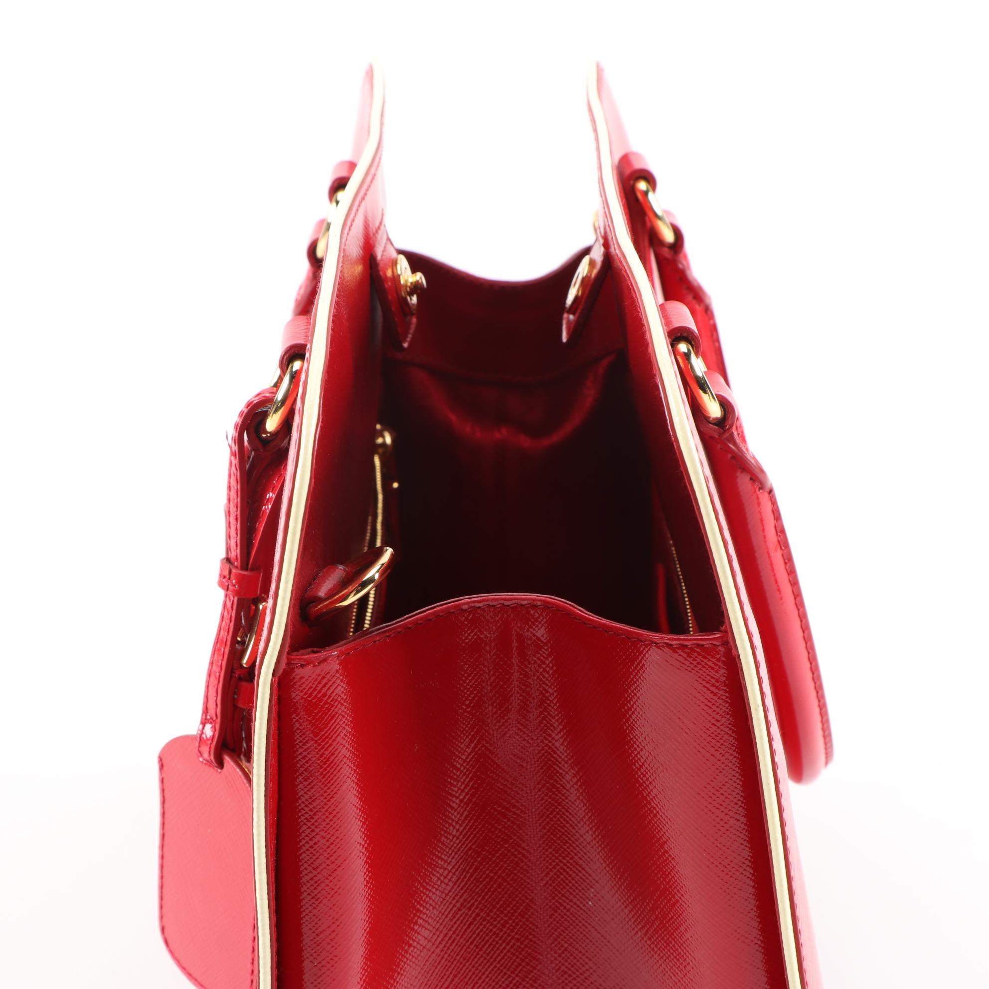 Prada Red Glazed Saffiano Leather Handbag with White Piping Trim