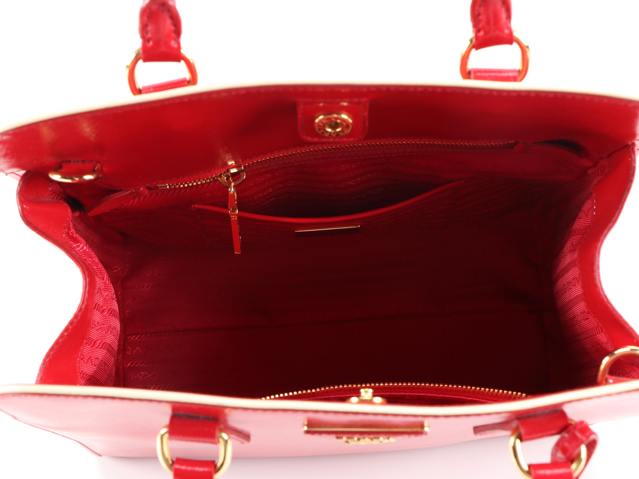 Prada Red Glazed Saffiano Leather Handbag with White Piping Trim