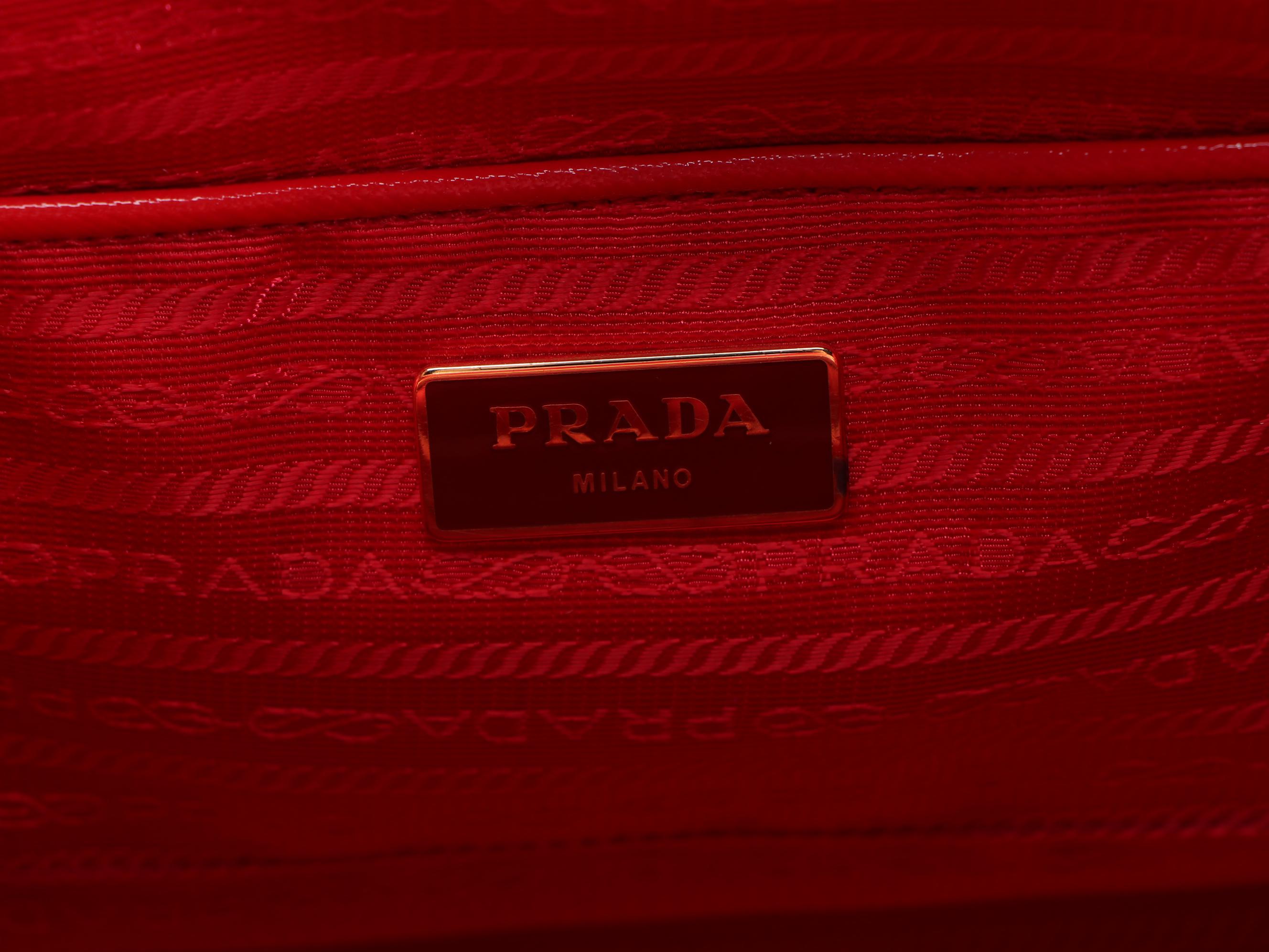 Prada Red Glazed Saffiano Leather Handbag with White Piping Trim