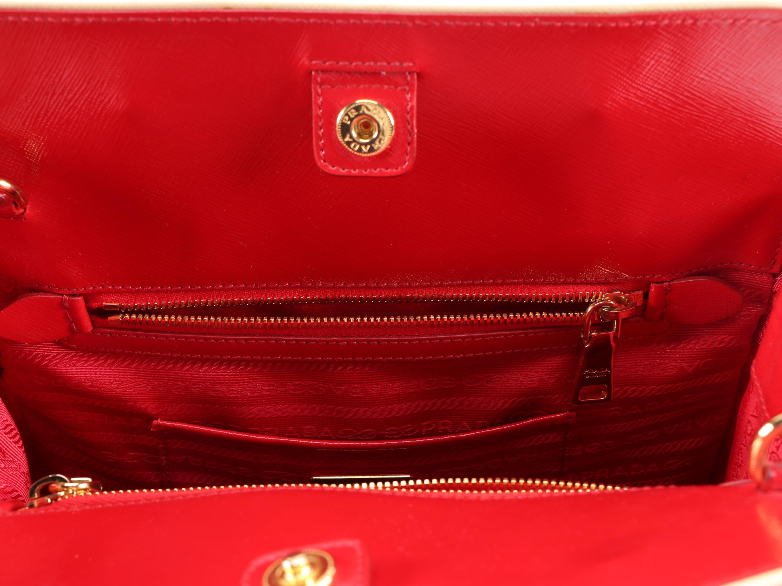 Prada Red Glazed Saffiano Leather Handbag with White Piping Trim