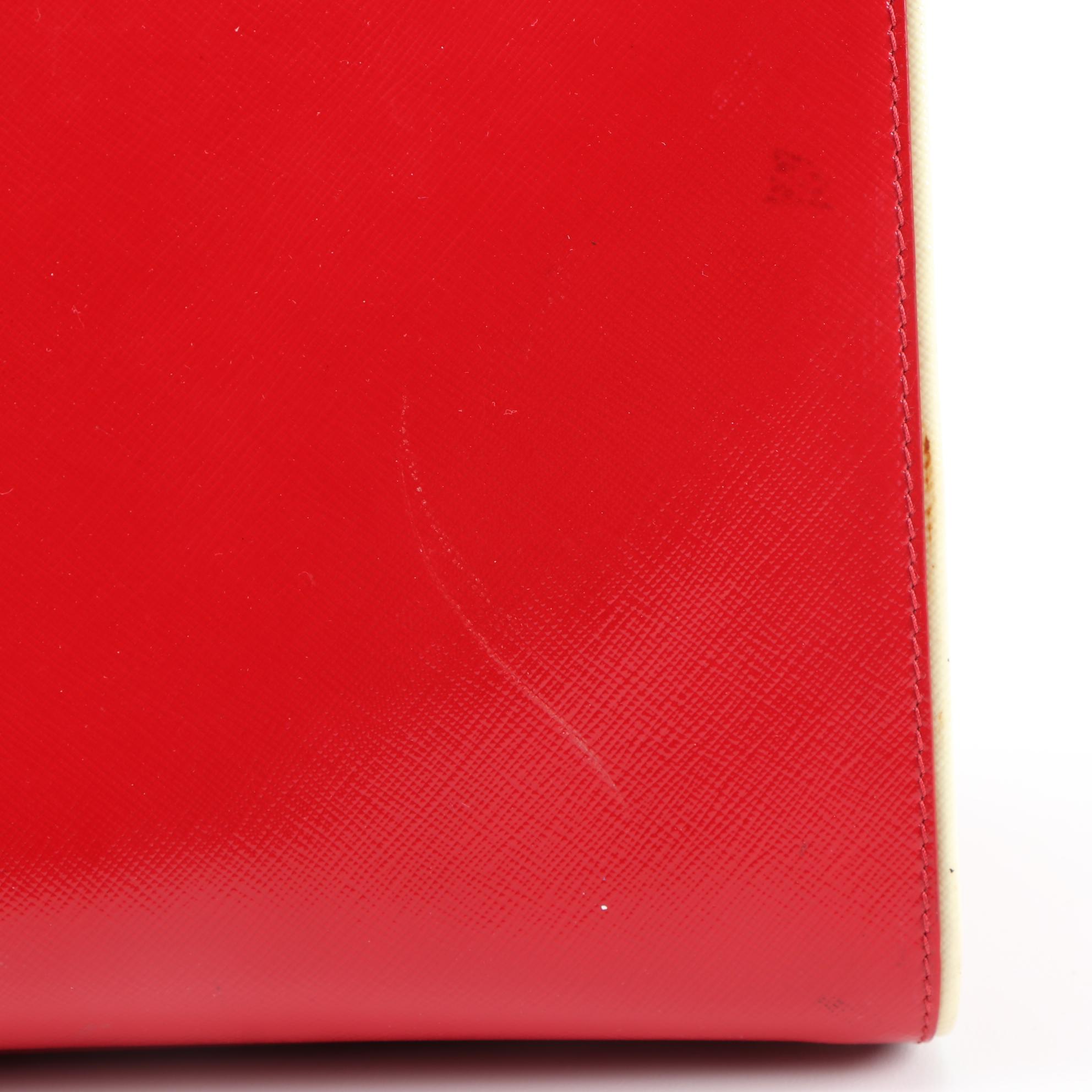 Prada Red Glazed Saffiano Leather Handbag with White Piping Trim