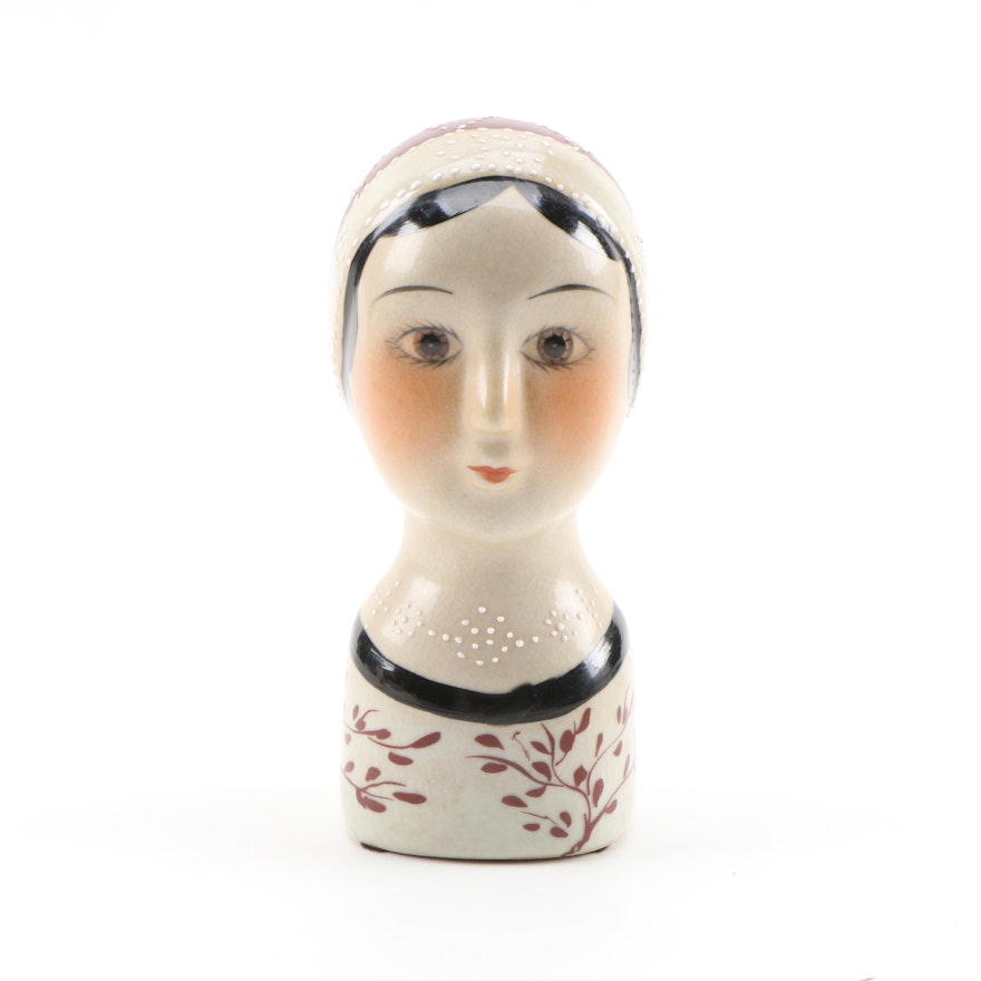 Hand-Painted Porcelain Glazed Head, Early to Mid 20th Century