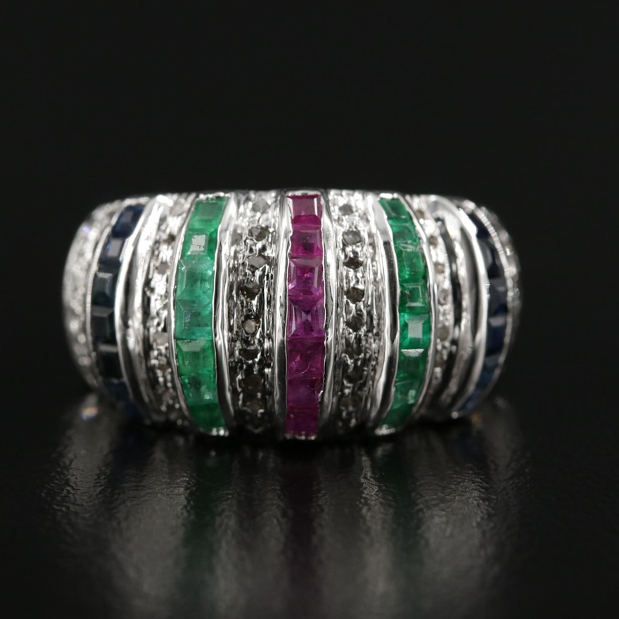 Sterling Silver Emerald, Ruby, Sapphire, and Diamond Ring