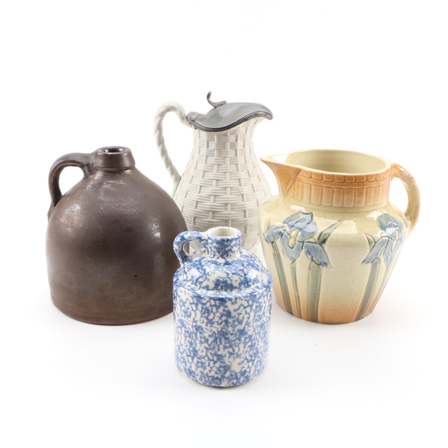 English Ceramic Basketweave Syrup Pitcher, Earthenware Jugs and Iris Pitcher