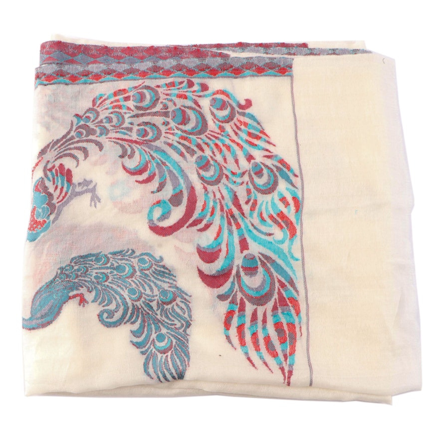 Woven Peacock Motif Off-White Wool Shawl Wrap