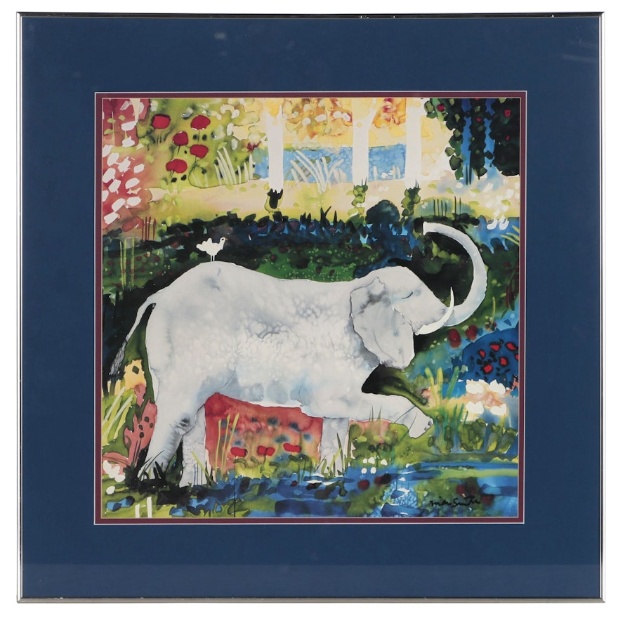Offset Lithograph after Mike Smith "Elephant and Bird"