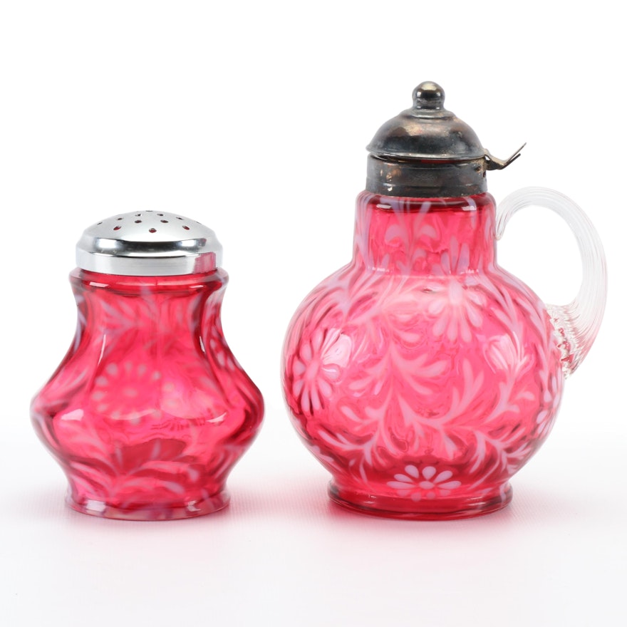 Cranberry Fern and Daisy Glass Sugar Shaker and Syrup Pitcher