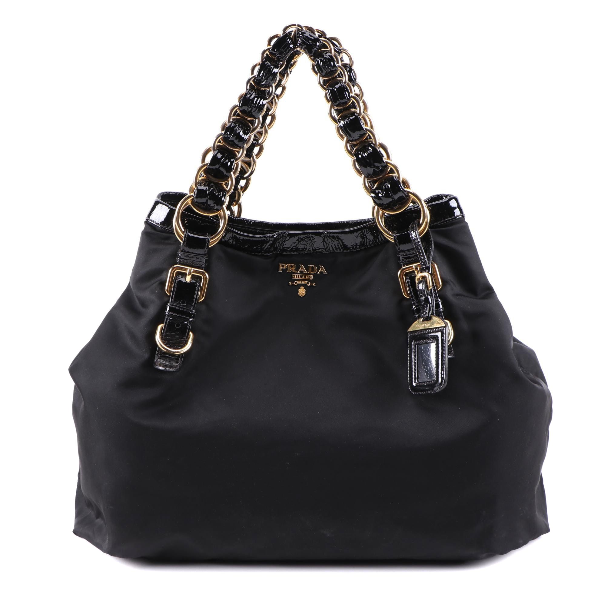 Prada Double Chain Black Tessuto Nylon Tote with Patent Leather Trim