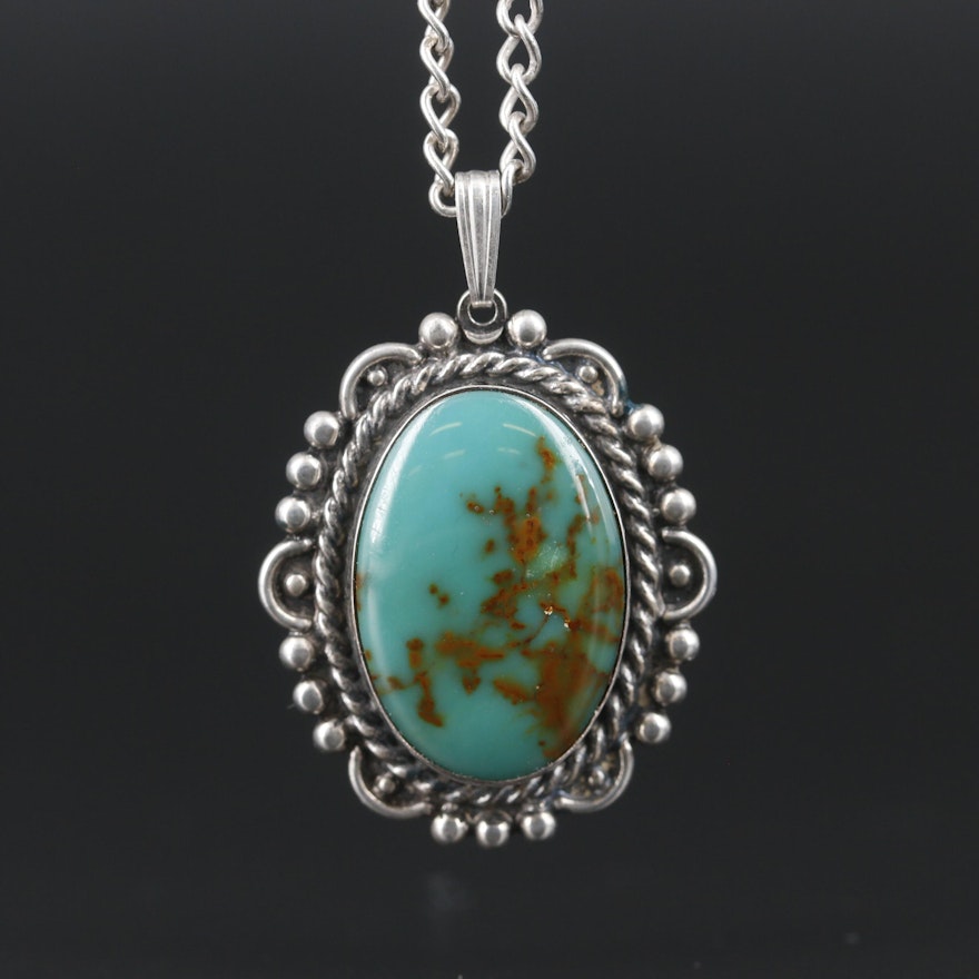 Southwestern Style Sterling Silver Turquoise Pendant Necklace