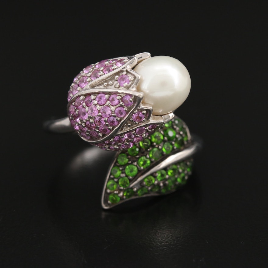 Sterling Pearl, Pink Sapphire and Diopside Flower Bypass Ring