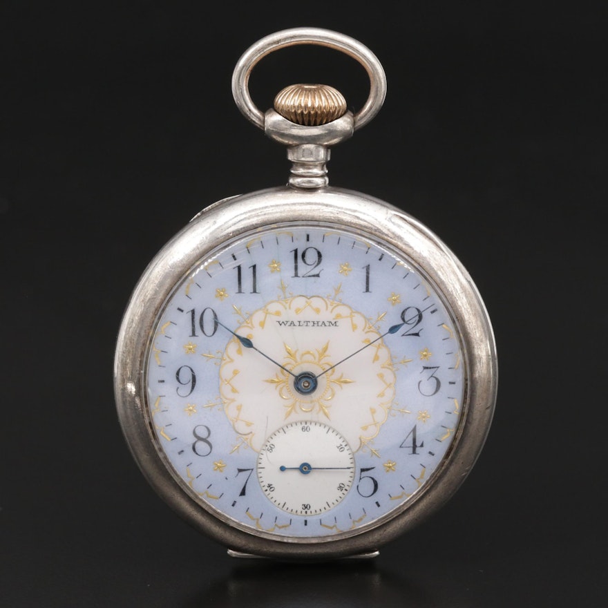 Waltham Enamel Dial Sterling Silver Open Face Pocket Watch, Antique