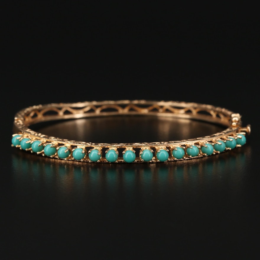 Vintage 10K Gold Imitation Turquoise Oval Hinged Bangle Bracelet