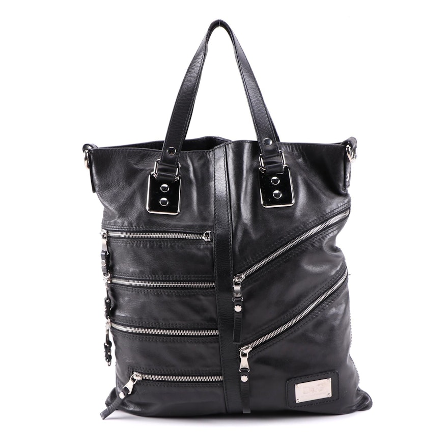 D&G Dolce & Gabbana Black Leather Motorcycle Style Tote with Zip Pockets