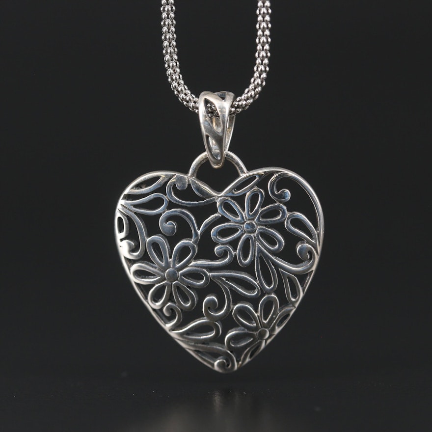 Sterling Silver Floral Heart Necklace